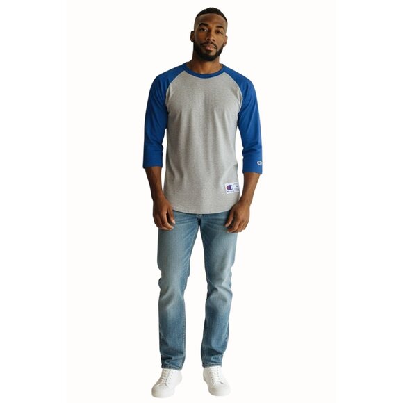 Champion Raglan Quarter Sleeve Baseball T-Shirt Gray Royal Blue Mens Size Small - Picture 3 of 10